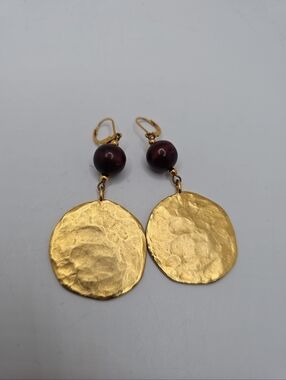 Vtg Kenneth Lane Textured Gold Disc Drop Earrings with Dark Brown Boho Beads